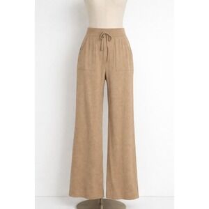 Sundance Womens L Wide Leg Wool Knit Pants Tan Drawstring Waist Pockets Cozy